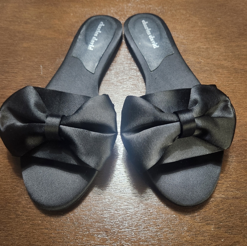 Black satin with bow Charles David flat slide.